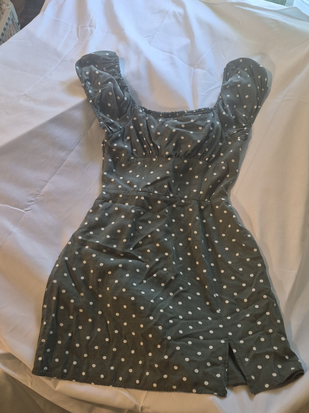 Aeropostale Sage Green Polka Dot Milkmaid Mini Dress Smocked Back Puff Sleeve S